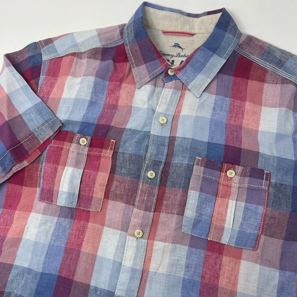 Tommy Bahama Relax Shirt Men Large Pink Blue Plaid Linen Button Up Short Sleeve